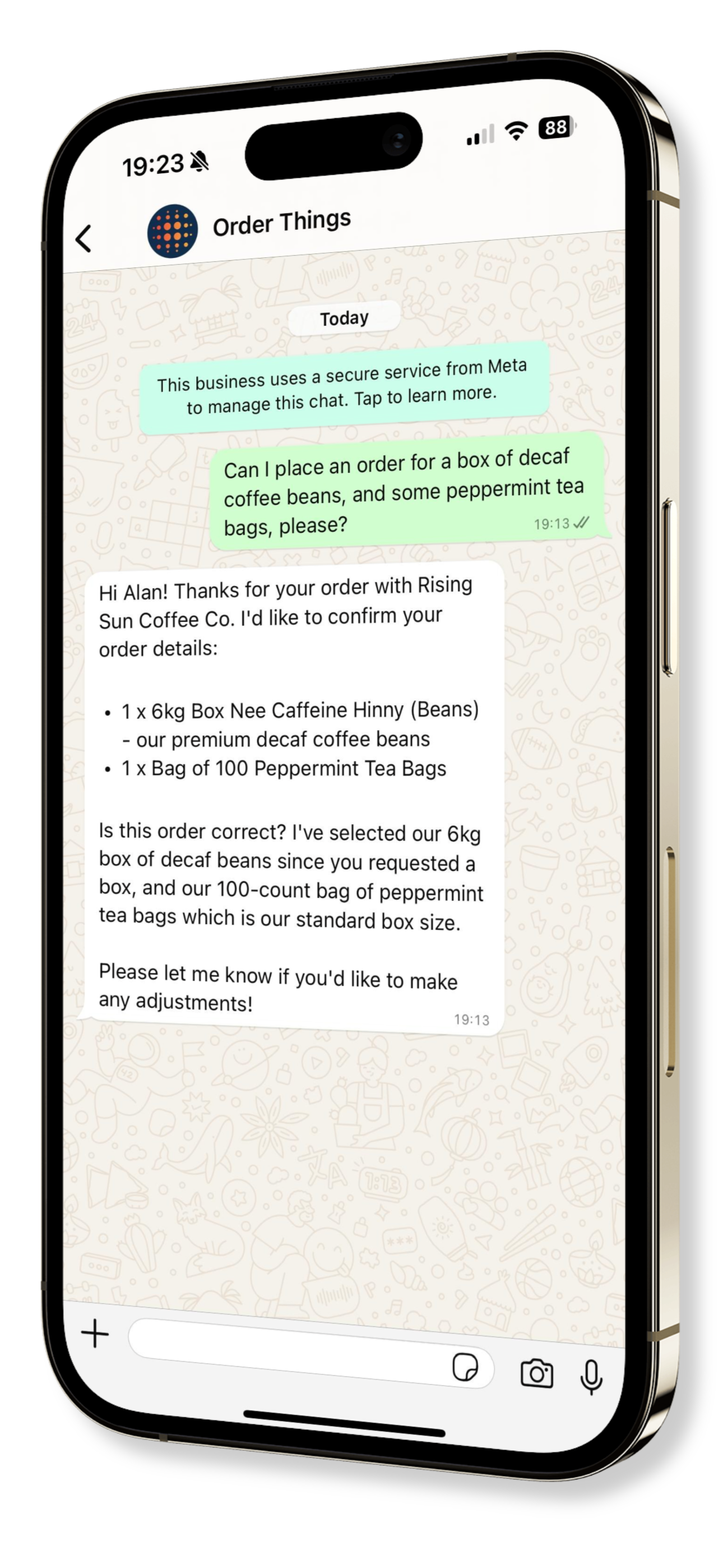 An order request sent on WhatsApp via Order Things